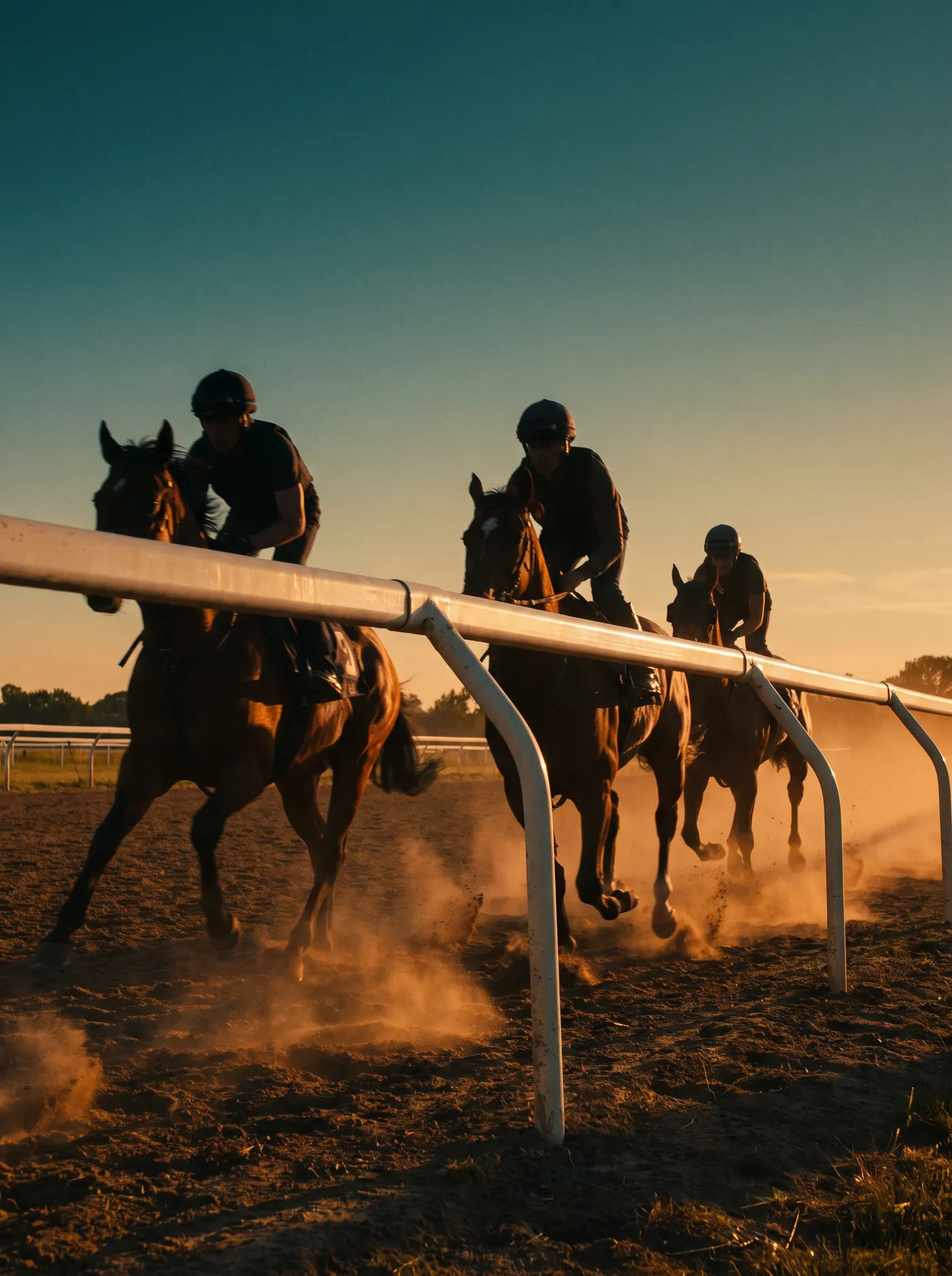 Quarter horses and riders galloping along a dirt track at sunset